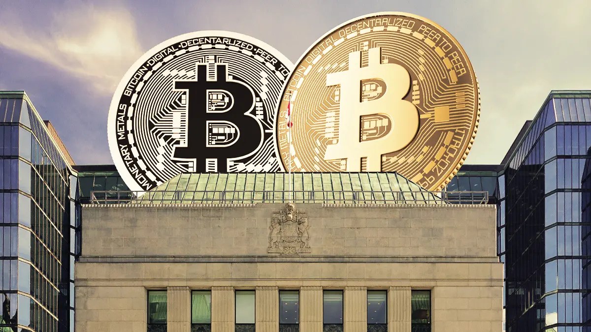An image of a Canadian central bank building with AI Bitcoins placed on top