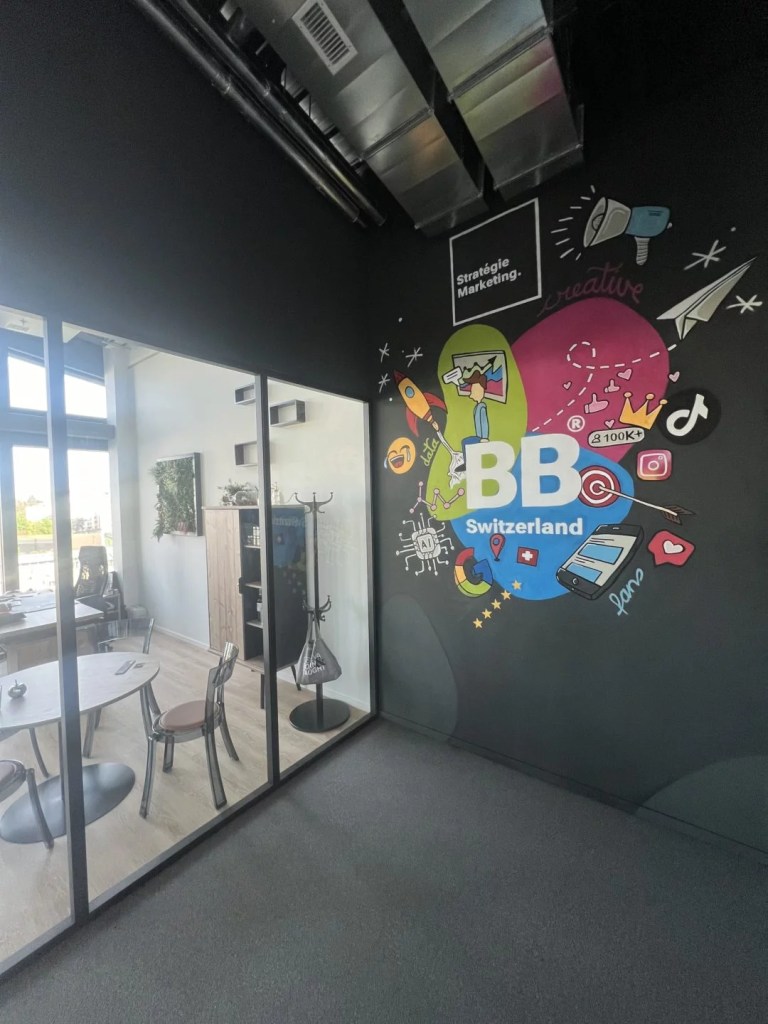fresque graffiti corporate chez BB switzerland par le graffeur eazy one communication marketing