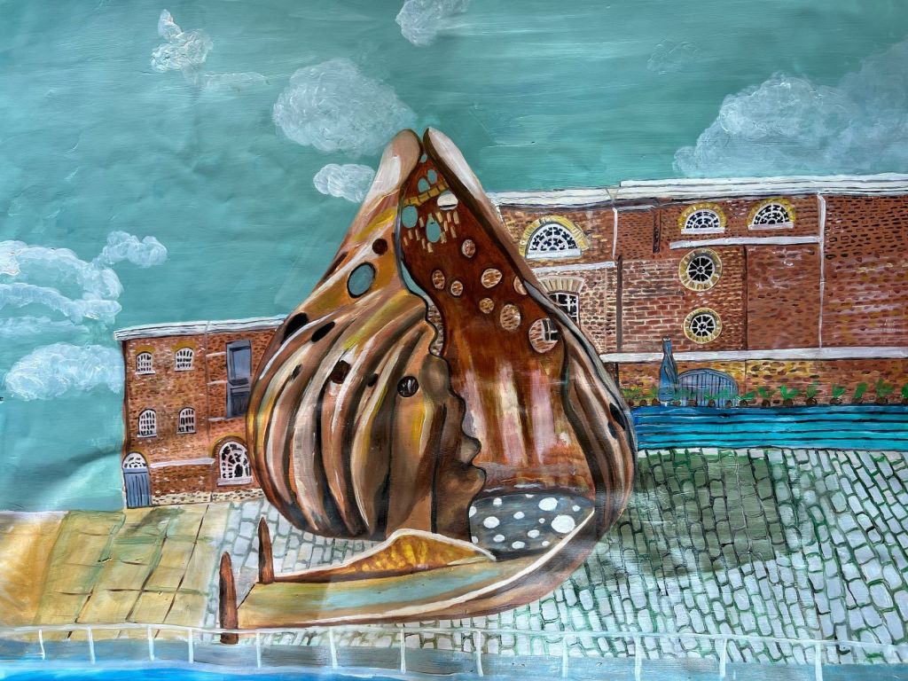 An illustration of a large cowrie shell sculpture