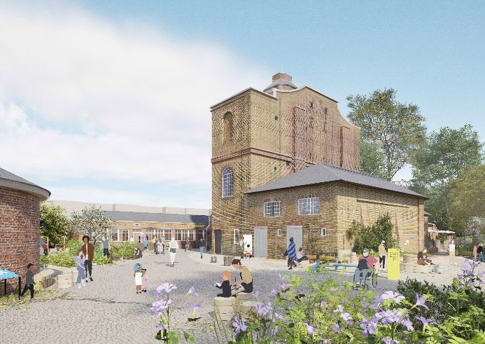 A vibrant community space with people gathering around a historic building, surrounded by greenery and flowers under a blue sky.