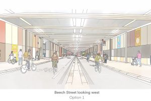A street scene showing cyclists and pedestrians under a colorful, decorated overpass, labeled "Beech Street looking west, Option 1."