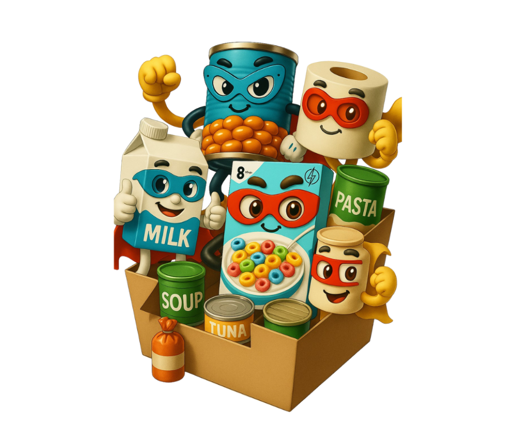 A colourful cartoon-style illustration of animated food characters, including milk, soup, pasta, and tuna, in a cardboard box.