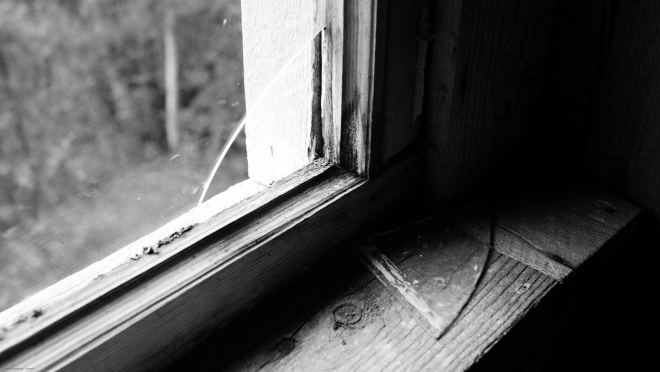 A close-up of a cracked window in black and white, revealing peeling wood and shards of glass on a weathered wooden sill.