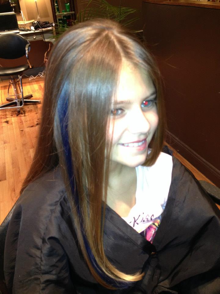 Blue hair color streaks add fun and edge