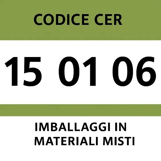 rifiuti codice cer Codice CER 15 01 06 per imballaggi in materiali misti, rappresentato con grafica a sfondo verde e bianco