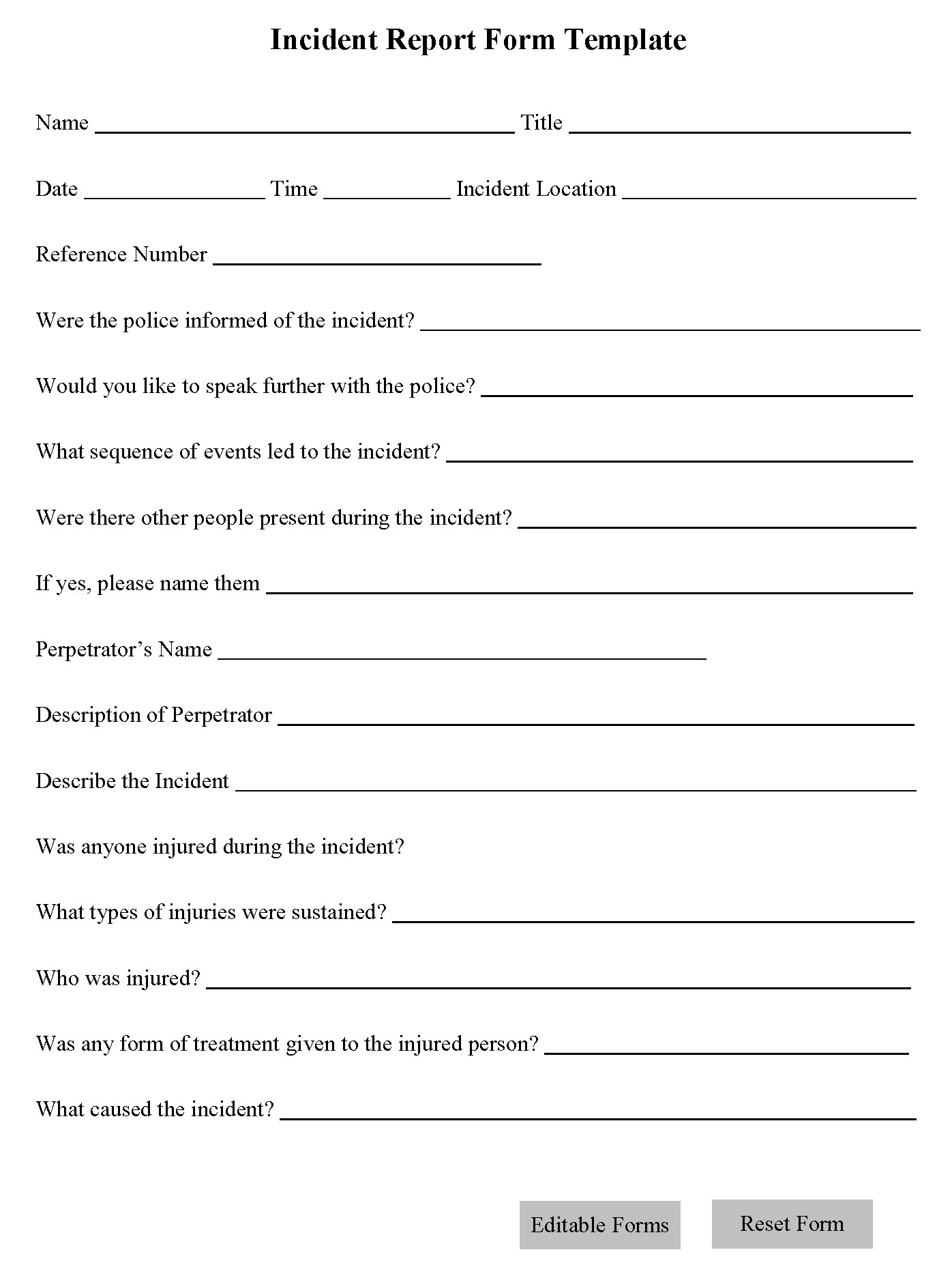 Incident Report Form Template Editable Forms