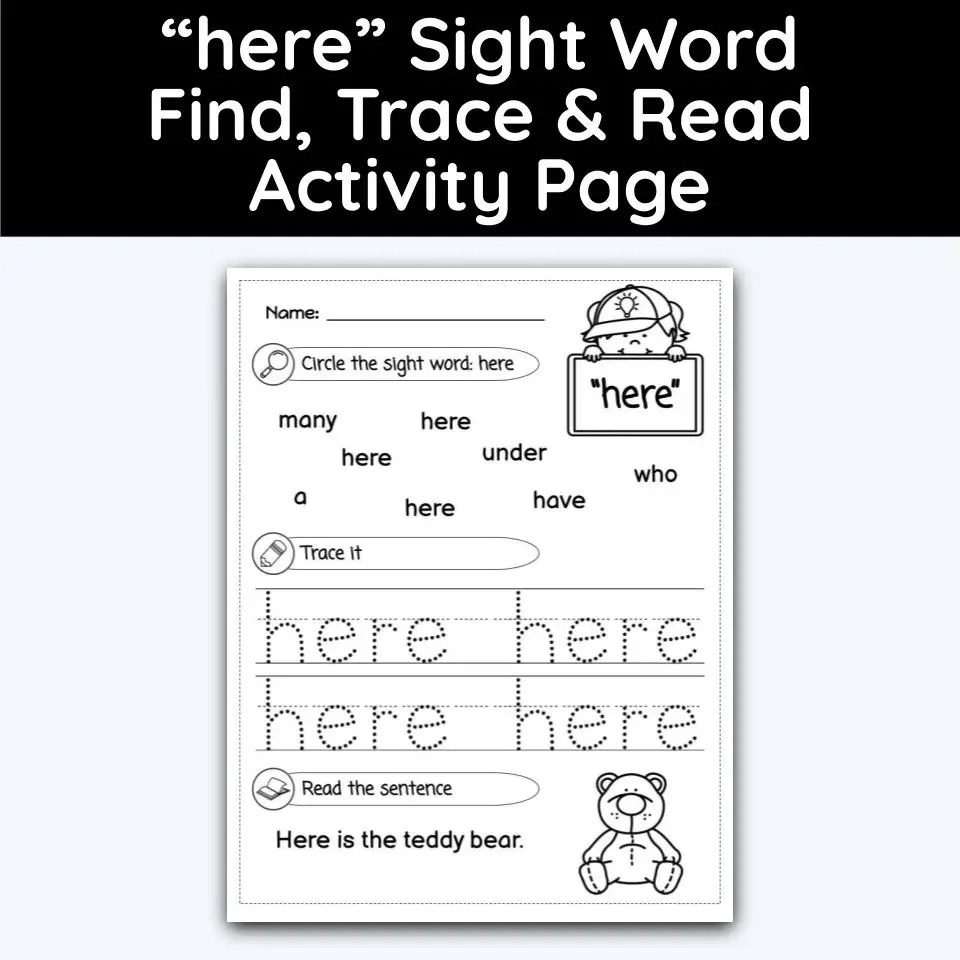 Here sight word find, trace, and read activity page