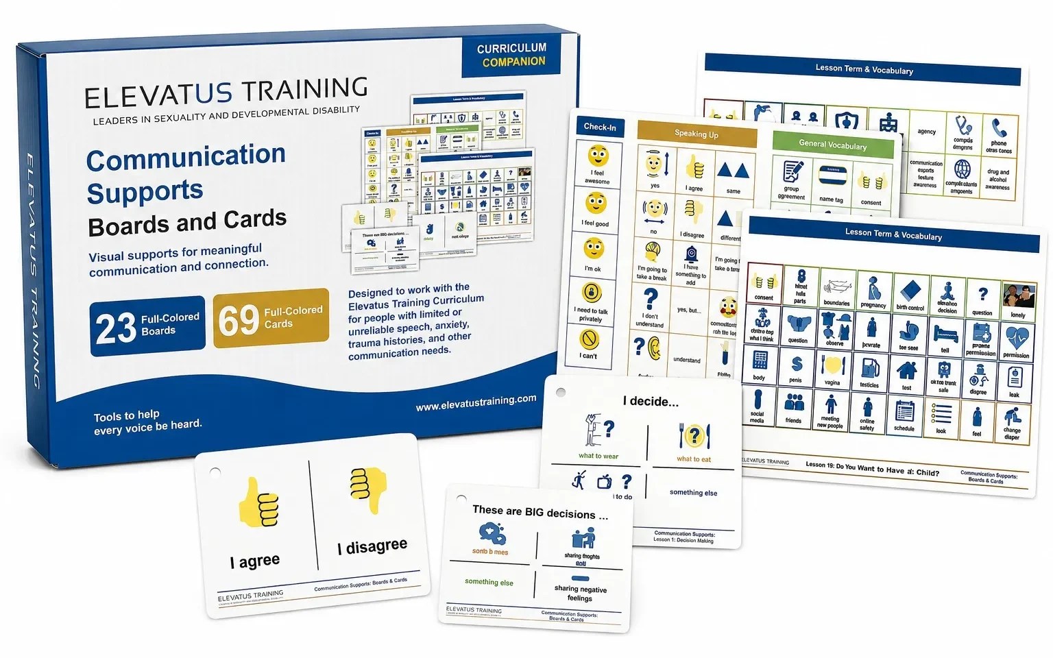 Elevatus Communication Supports set showing full-color boards and cards for sexuality education for people with I/DD.