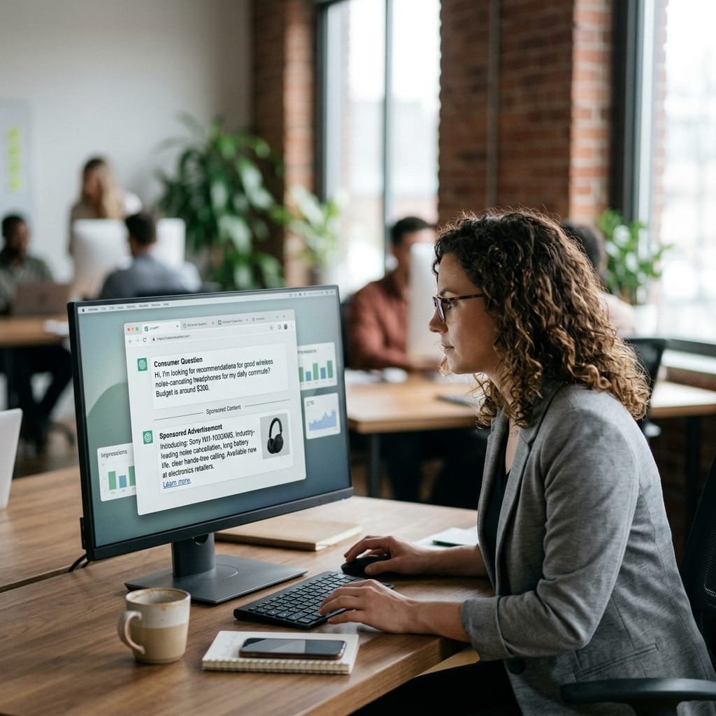 Digital marketer reviewing ChatGPT advertising opportunities created by conversational intent.