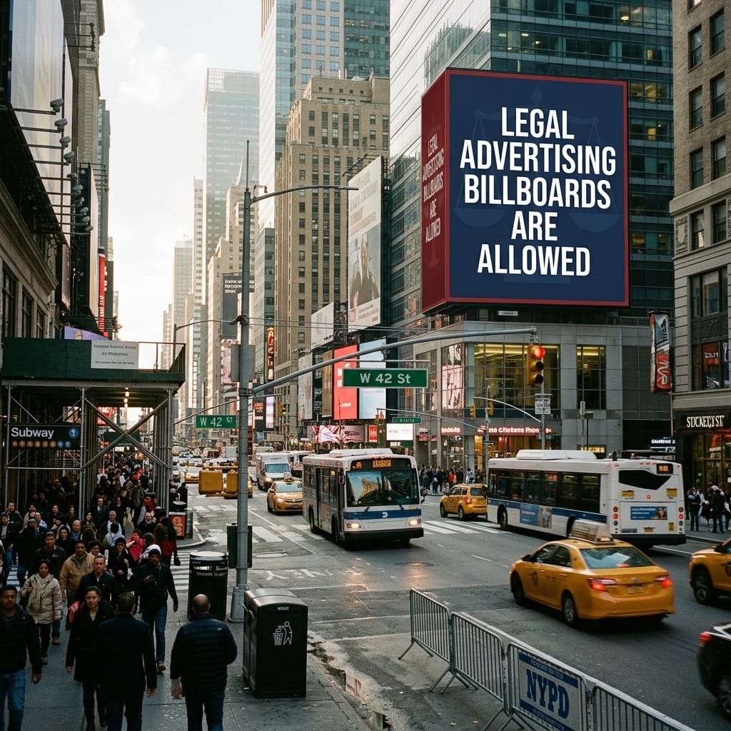 Busy NYC street scene with buses, yellow cabs, pedestrians, and a large blue billboard reading 'Legal Advertising Billboards Are Allowed'. – Elite Solutions Digital Marketing Agency