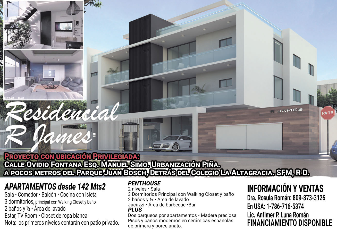 Te presentamos el Proyecto Residencial R James, el cual se construye. No pierdas tu oportunidad. Comunicate a los contactos via WhatsApp: Dra. Rosula Román: 809-873-3126• Lic. Anflmer P. Luna Román en USA: 1-786-716-5374 y recibiras todas las informaciones pertinentes.