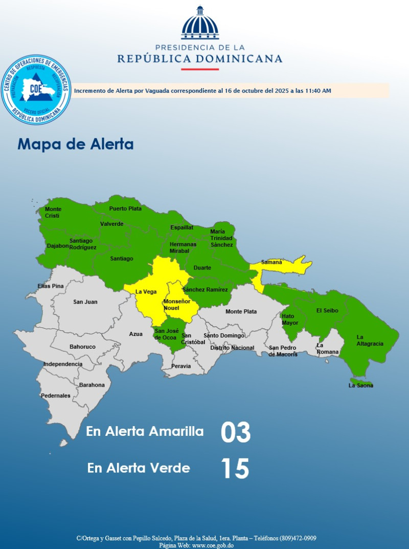COE eleva a 18 las provincias en alerta; 15 verde y 3 en amarilla
