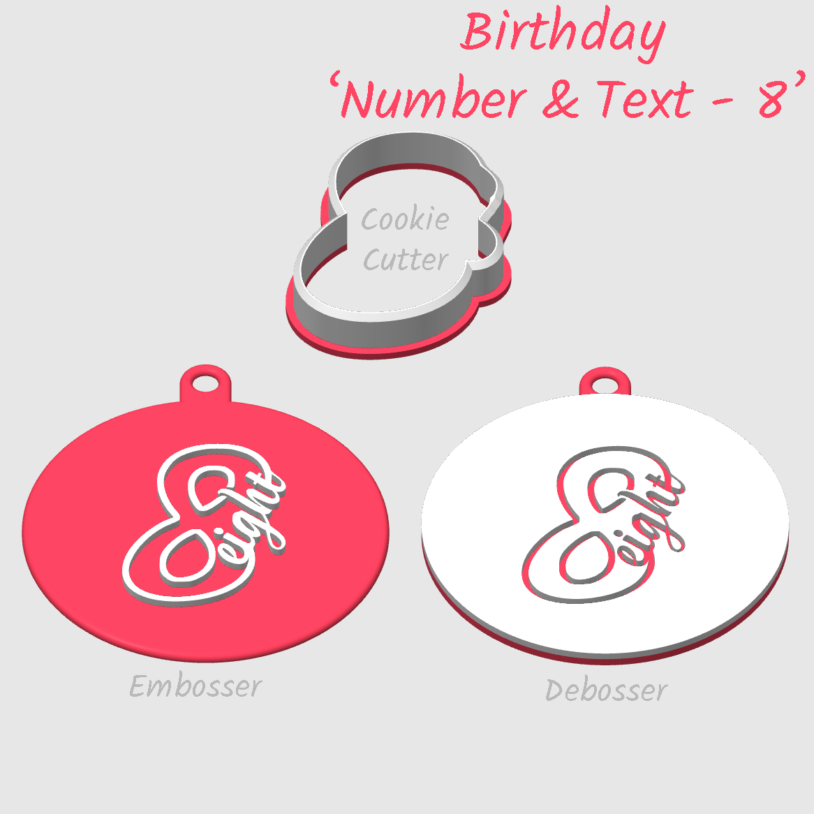 the number eight in text and a digit as an embosser or debosser or cookie cutter