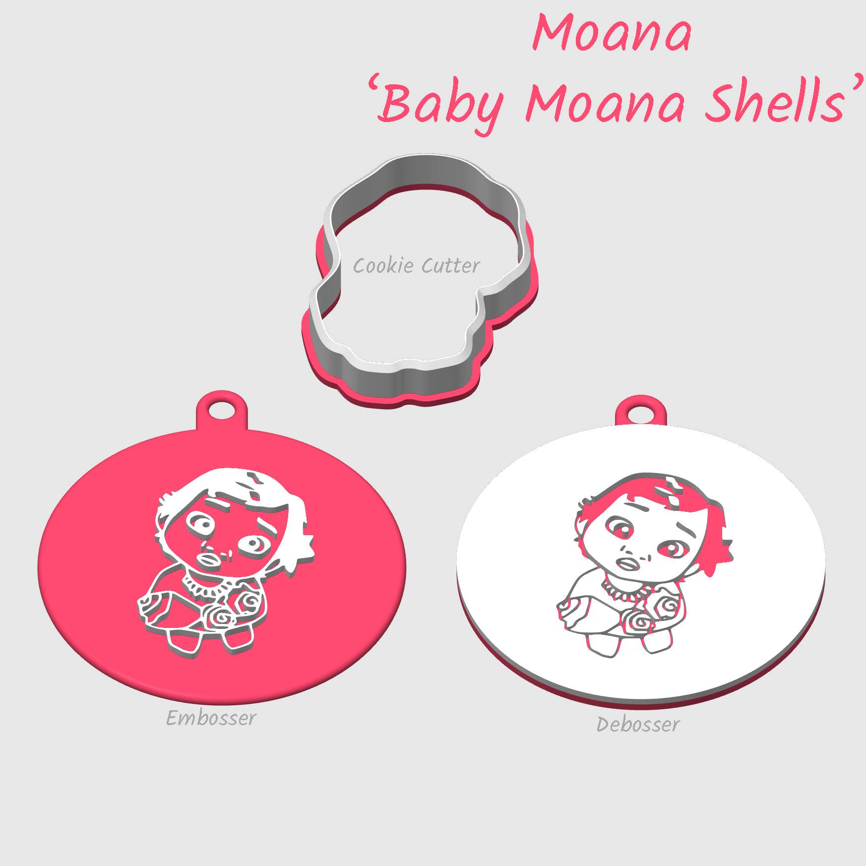 Baby Moana holding a sea shell embosser debosser and cookie cutter