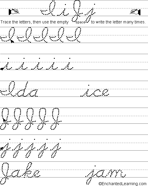Writing Cursive Letters I-J: EnchantedLearning.com