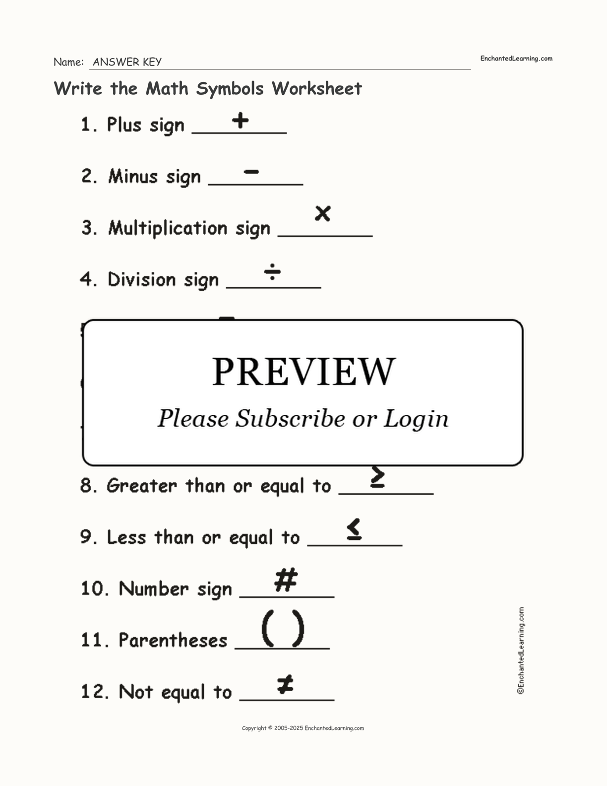 write the math symbols worksheet enchanted learning