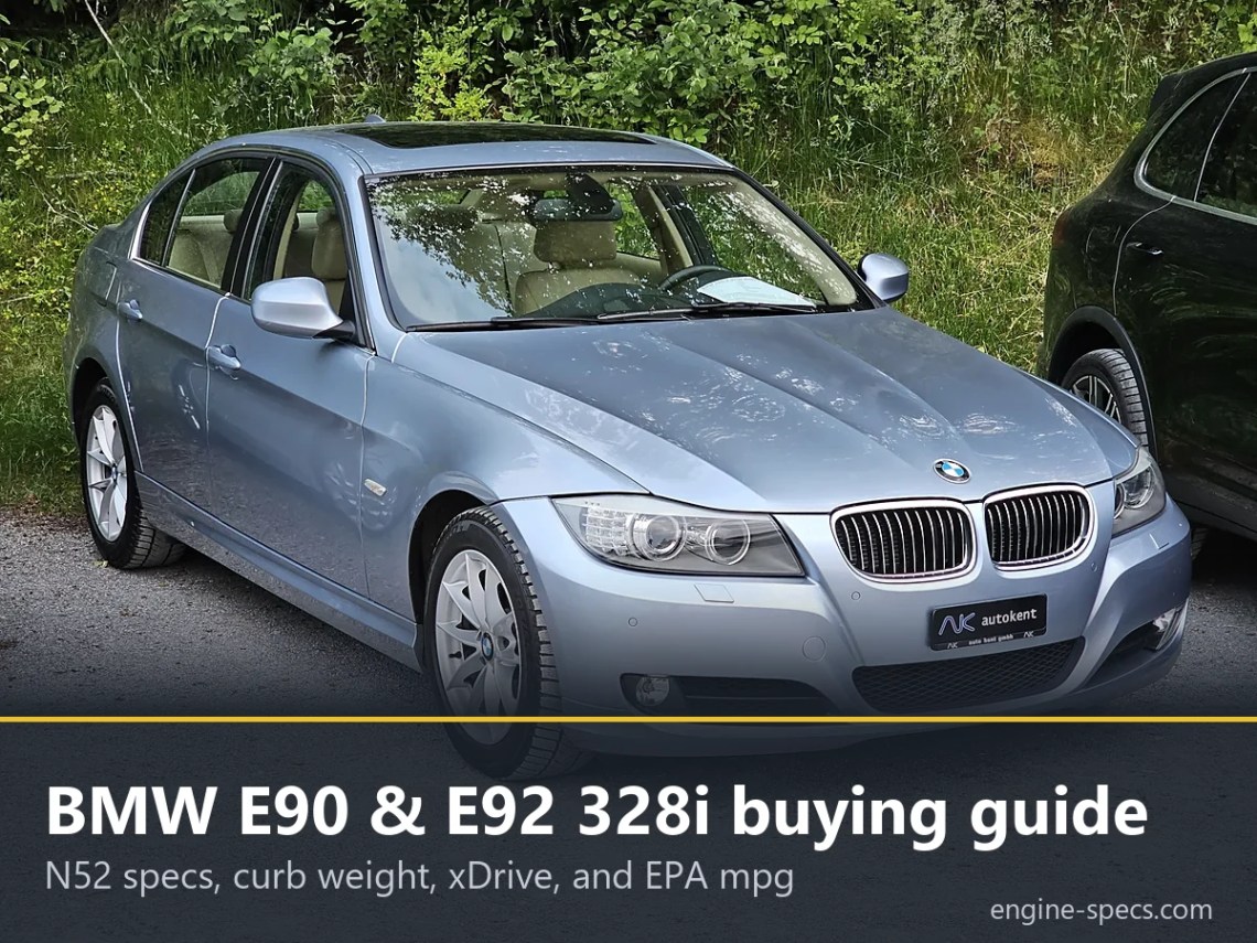 BMW E90 LCI 328i Light blue BMW E90 LCI 3 Series sedan with a caption band reading BMW E90 and E92 328i buying guide