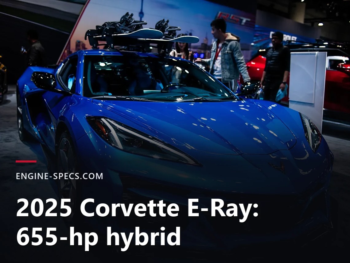2025 Corvette E-Ray 655-hp hybrid Blue Chevrolet Corvette E-Ray with a roof-mounted ski rack at an auto show, with a caption band reading 2025 Corvette E-Ray 655-hp hybrid