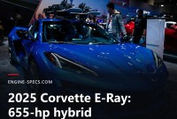 2025 Corvette E-Ray 655-hp hybrid Blue Chevrolet Corvette E-Ray with a roof-mounted ski rack at an auto show, with a caption band reading 2025 Corvette E-Ray 655-hp hybrid