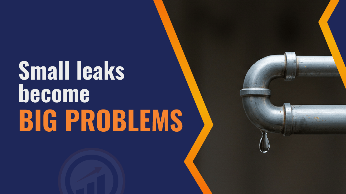 Industrial pipe with water droplet leak against dark blue background with orange geometric design elements and text 'Small leaks become BIG PROBLEMS