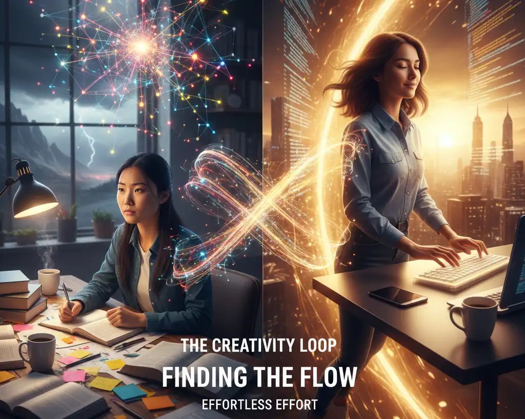 A split-screen visual titled 'Finding the Flow' illustrating the creativity loop. On the left, a student in a dark room studies intensely with books and sticky notes. On the right, the same student is in a glowing 'flow state,' typing effortlessly on a laptop surrounded by golden light and neural network patterns.