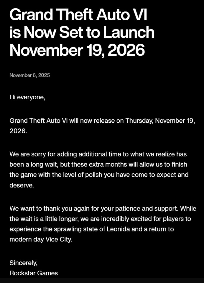Rockstar Promises Perfection As GTA VI Delayed To November 2026 GTA VI Delayed 2 1 
