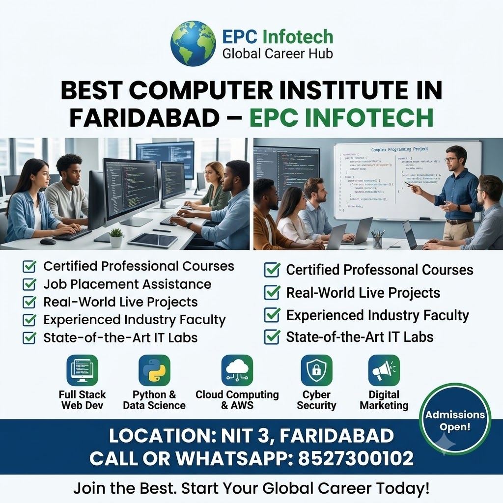 EPC Infotech banner highlighting the best computer institute in Faridabad NIT 3, showing students working in modern IT labs and a list of professional courses like Full Stack, Python, Data Science, and Cyber Security with placement assistance.