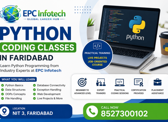 Python Coding Classes in Faridabad at EPC Infotech with practical training, live projects, expert trainers, certification, and placement assistance in NIT 3 Faridabad.