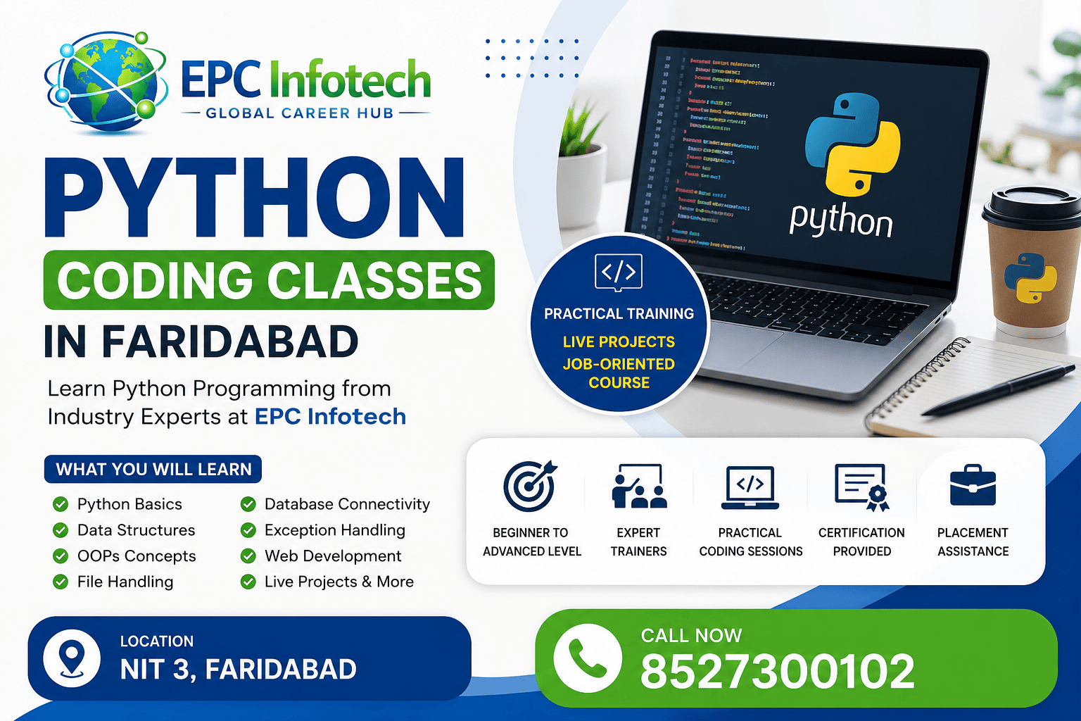 Python Coding Classes in Faridabad at EPC Infotech with practical training, live projects, expert trainers, certification, and placement assistance in NIT 3 Faridabad.