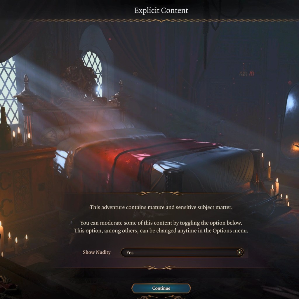 Explicit content: this adventure contains mature and sensitive subject matter. You can moderate some of this content by toggling the option below. This option, among others, can be changed anytime in the Options menu. Show Nudity: yes