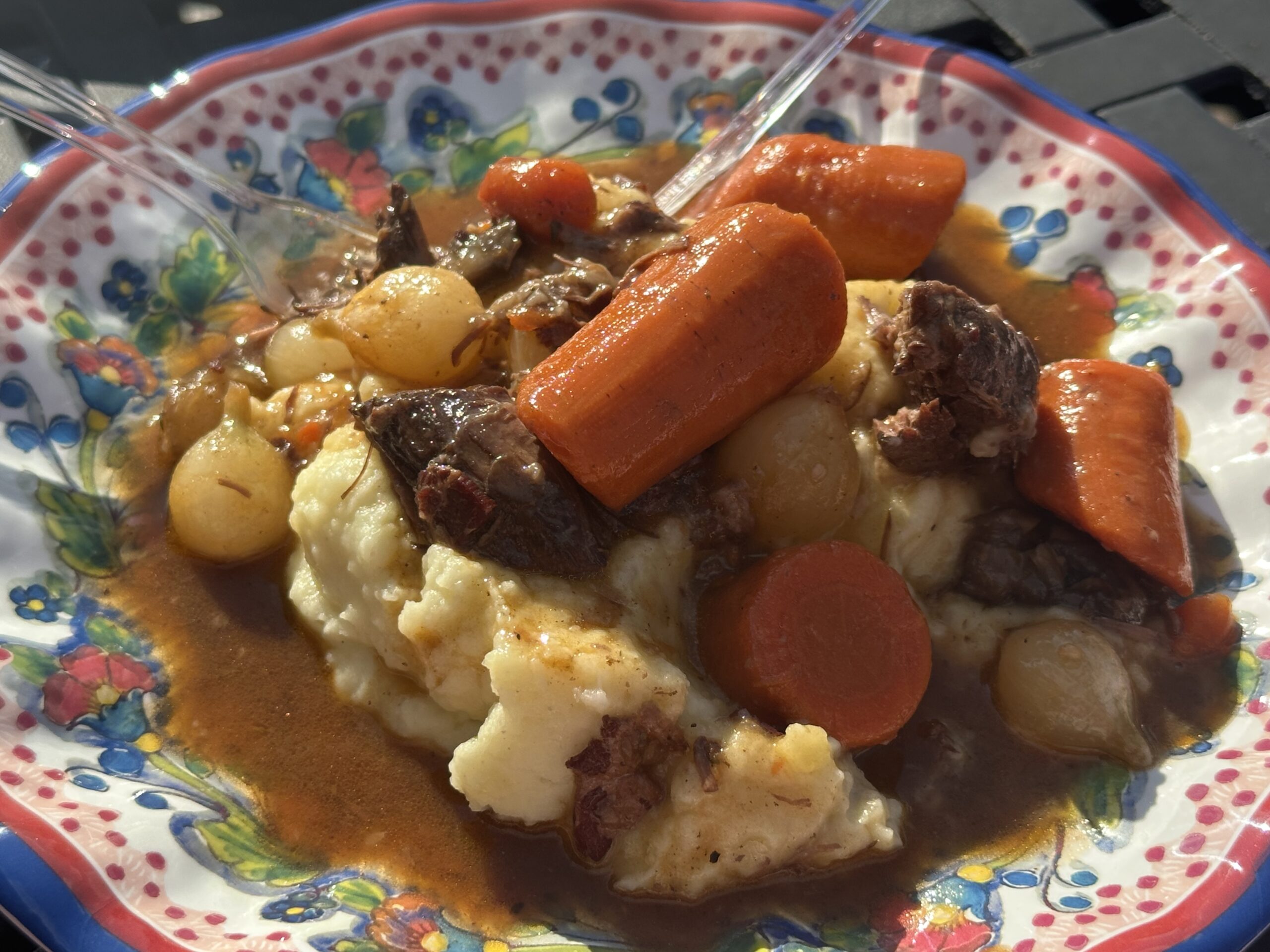 Beef bourguignon over mashed potatoes