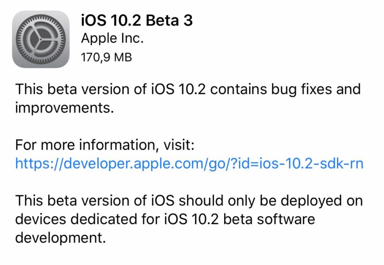 iOs 10.2 beta 3