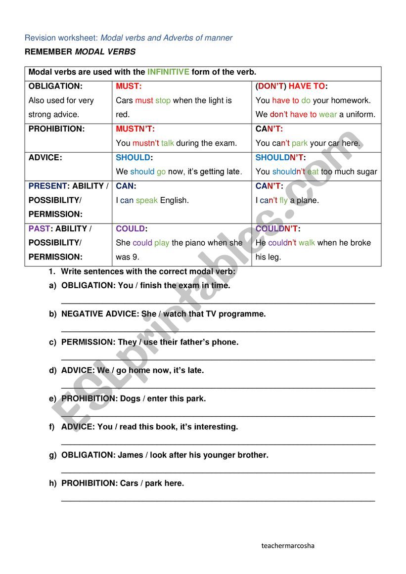 revision worksheet modal verbs and adverbs esl worksheet