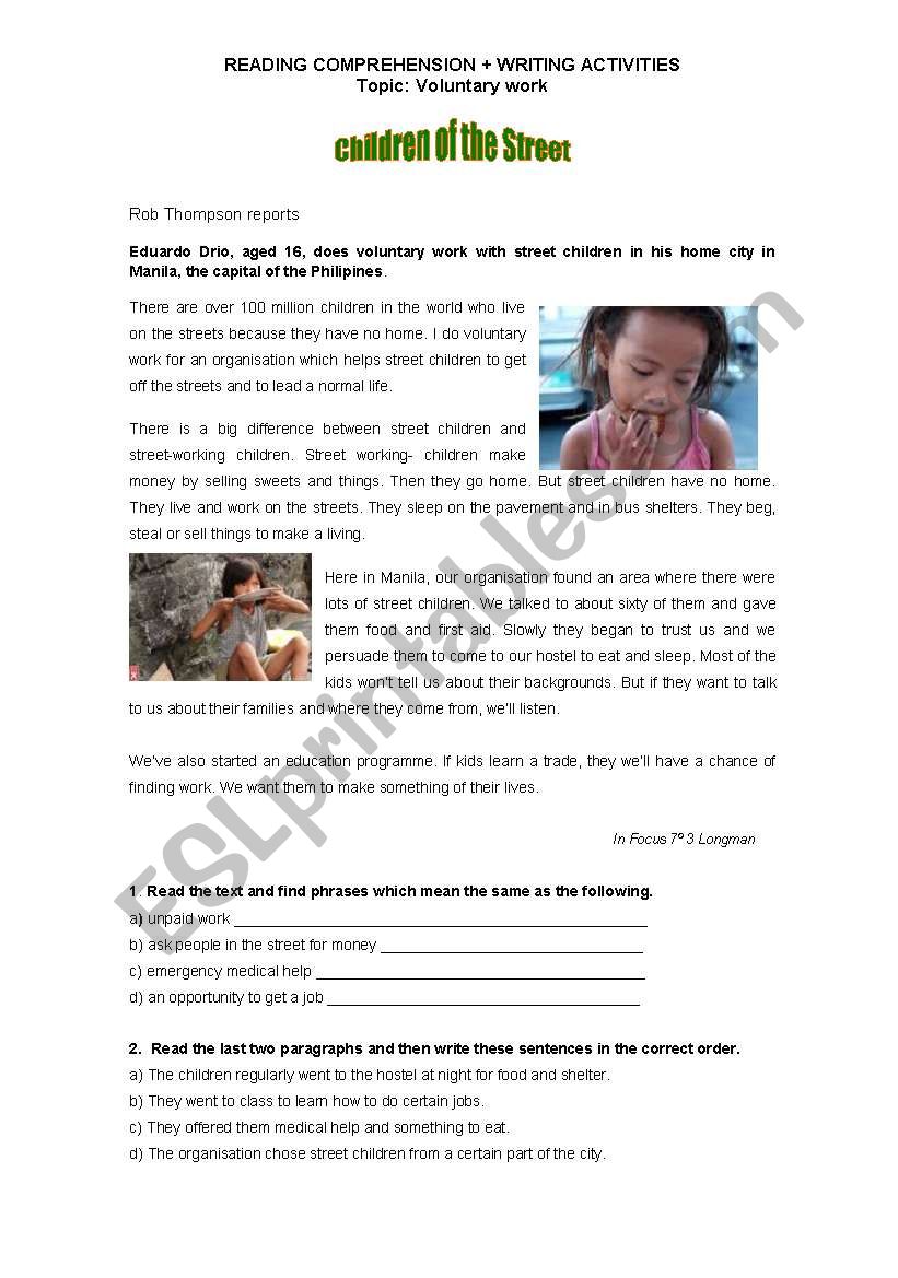 worksheet voluntary work reading comprehension writing activities