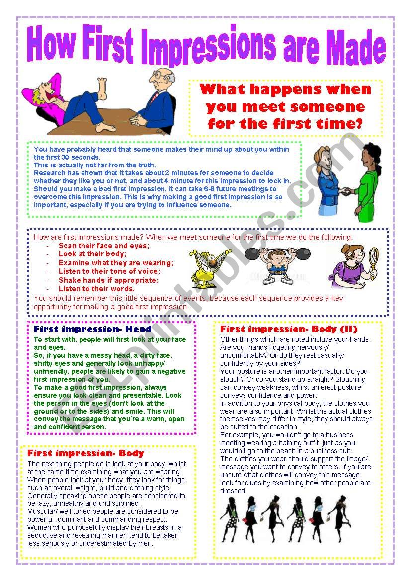 Be prepared to answer common questions, dress for success, and leave a lasting impression at your next interview. How First Impressions Are Made 2 Pages Of Nice Tips Questions Esl Worksheet By Julianayurika
