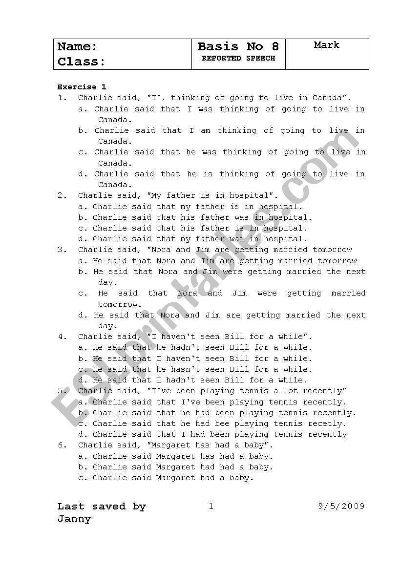 reported speech tests with answers esl worksheet by triet612
