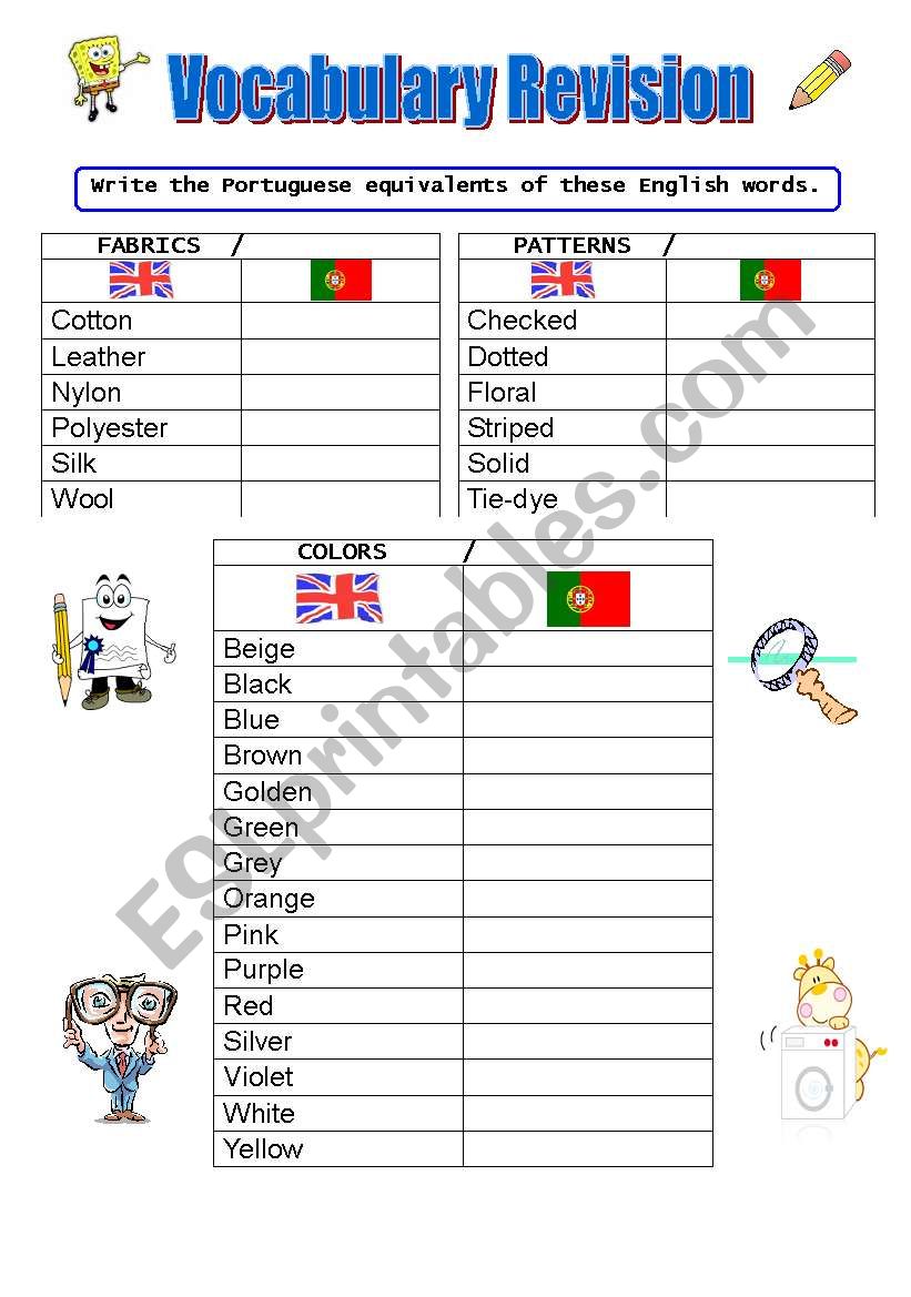 vocabulary revision fabrics patterns and colours exercises esl