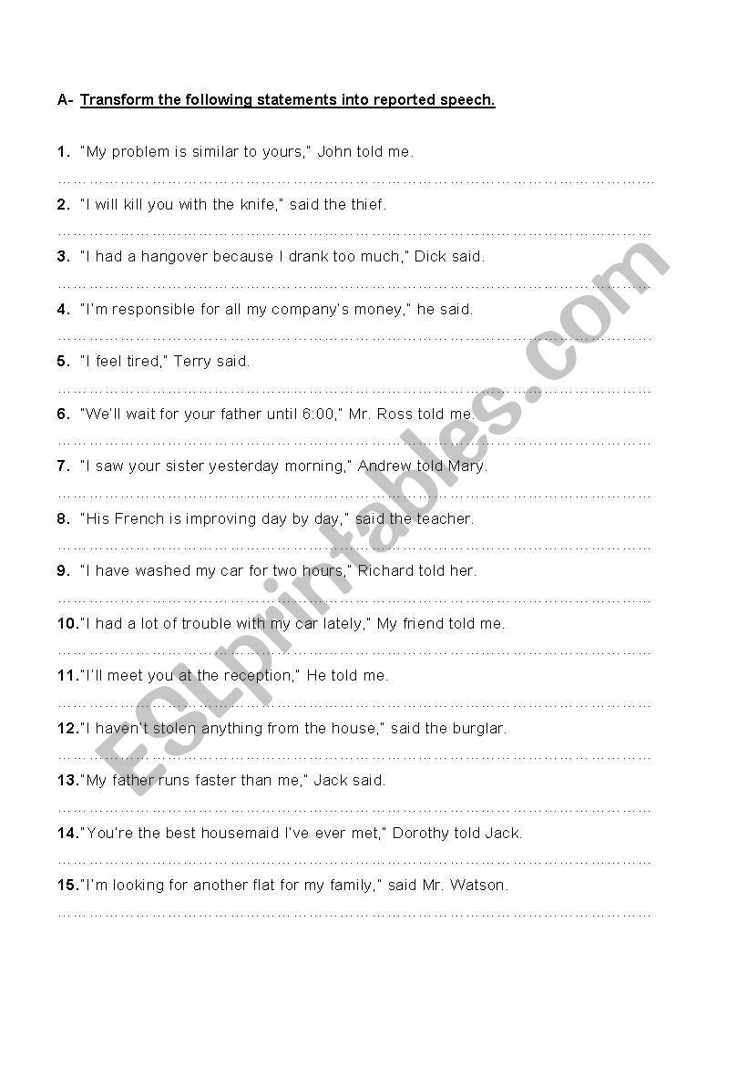 worsheet for reported speech with answer key esl worksheet by dkorkmaz