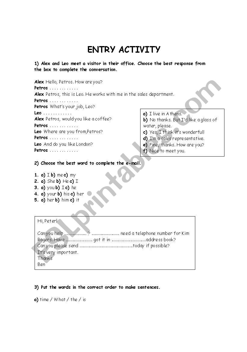 English worksheets: entry activity