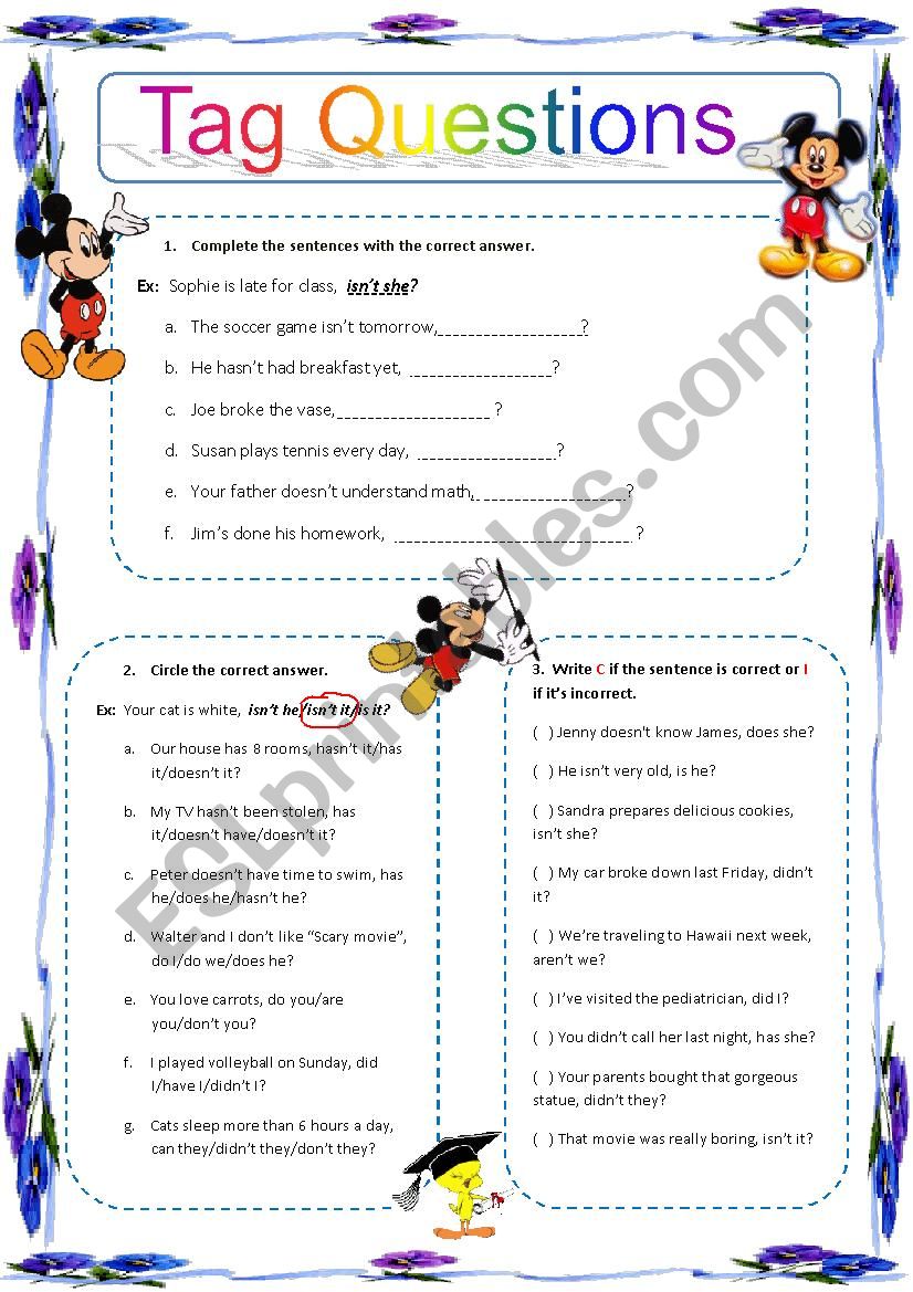 tag questions exercises esl worksheet by dopr