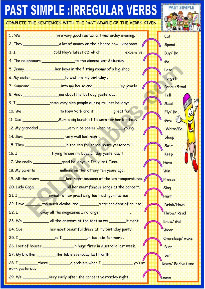 past simple irregular verbs with key esl worksheet by spied d aignel
