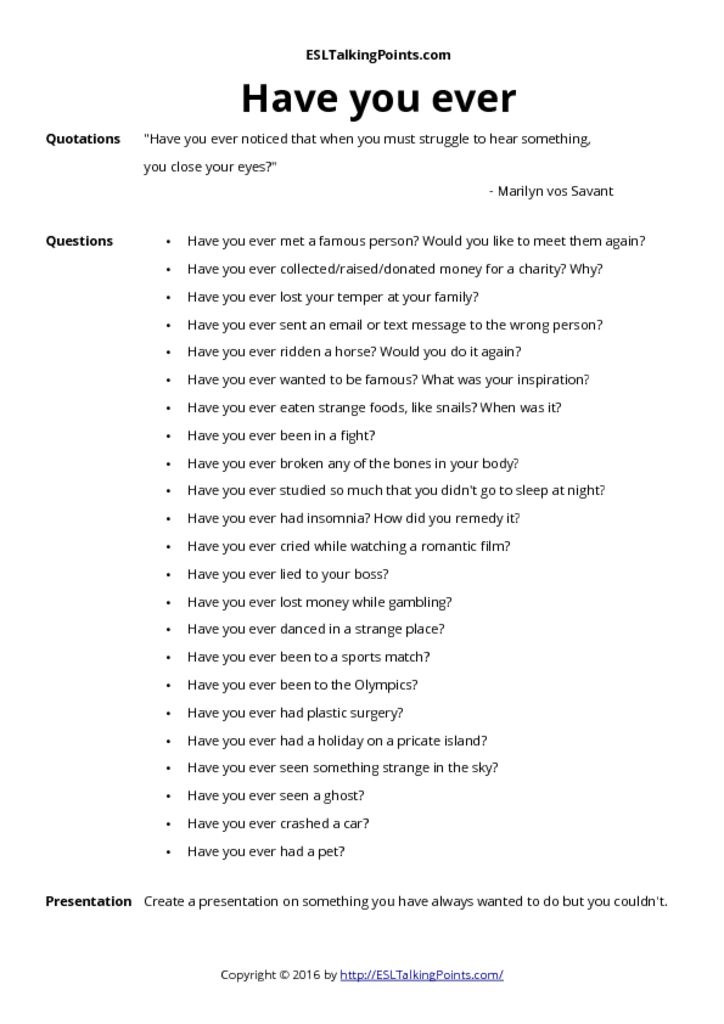 Have You Ever ESL Questions And Speaking Activities Have You Ever Pdf 