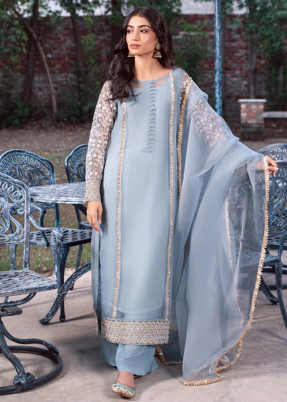 an ice blue embroidered dress