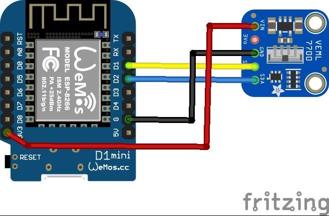 VEML7700 lux sensor and ESP8266 example using the Arduino IDE ESP8266 and VEML7700 layout