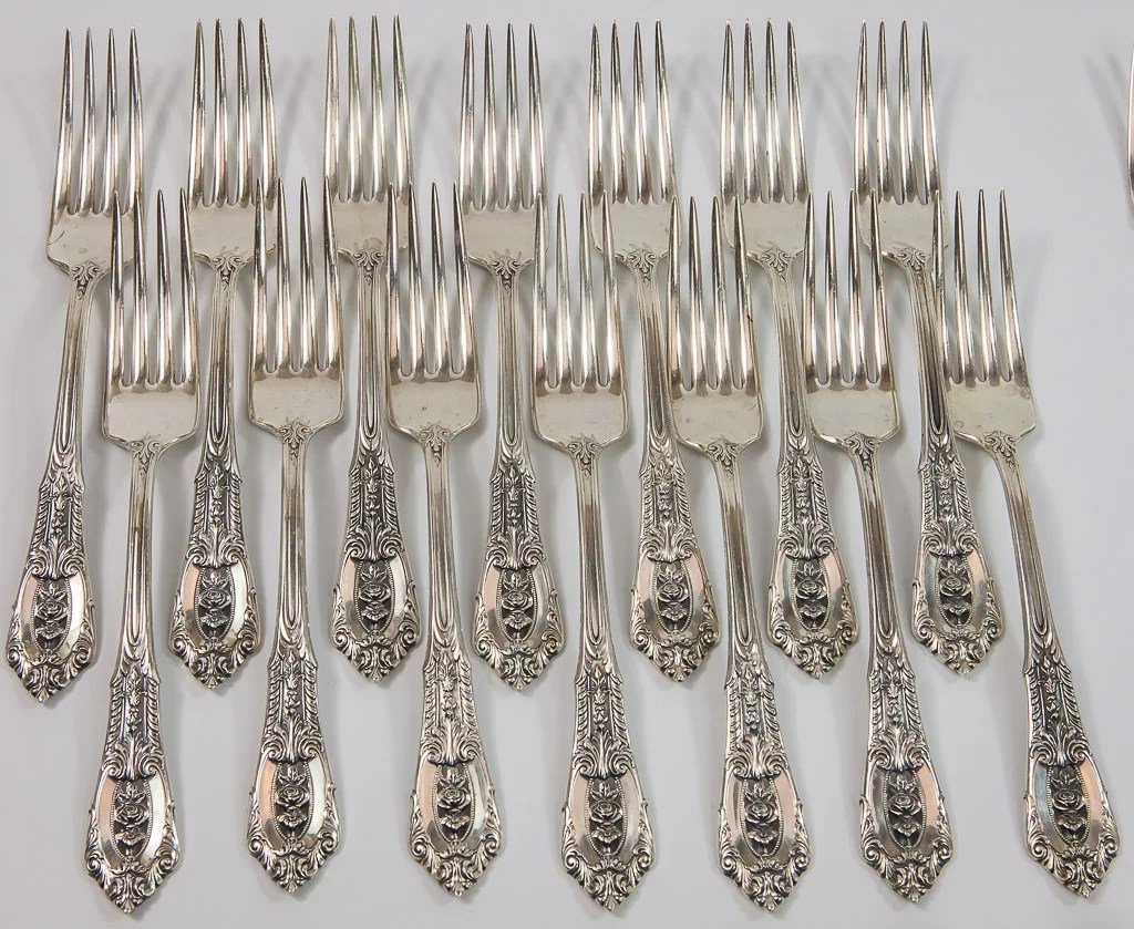 1934 Wallace Rose Point, 64 Piece, Sterling Silver Flatware Set