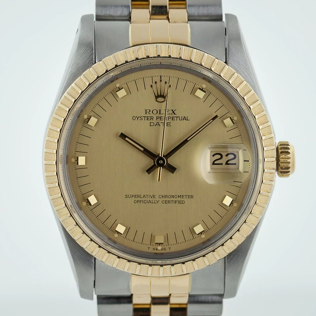 Rolex Oyster Perpetual Date Ref No 15053 18k Gold Steel Champagne Gold Doorstop Dial Estates Consignments Rolex Oyster Perpetual Date Ref No 15053 18k Gold Steel Champagne Gold Doorstop Dial
