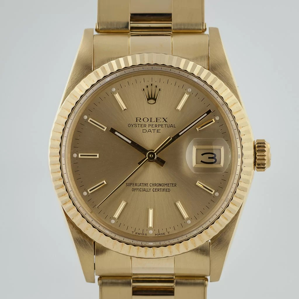 Rolex Date 34, Ref 15037, Men's, 14K Yellow Gold, Champagne Dial