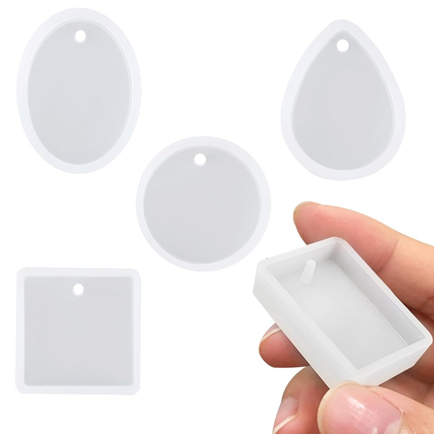 5pcs Silicone Resin Pendant Molds – Round, Square, Teardrop, Oval & Rectangle Shapes with Hanging Hole for DIY Jewelry, Necklaces, Earrings & Keychains