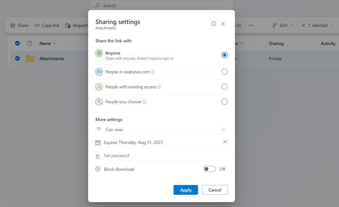 set link expiration when sharing link using OneDrive 