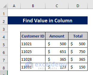How to Find Value in Column in Excel (4 Methods) - ExcelDemy (1) How to Find Value in Column in Excel (4 Methods) - ExcelDemy (1)